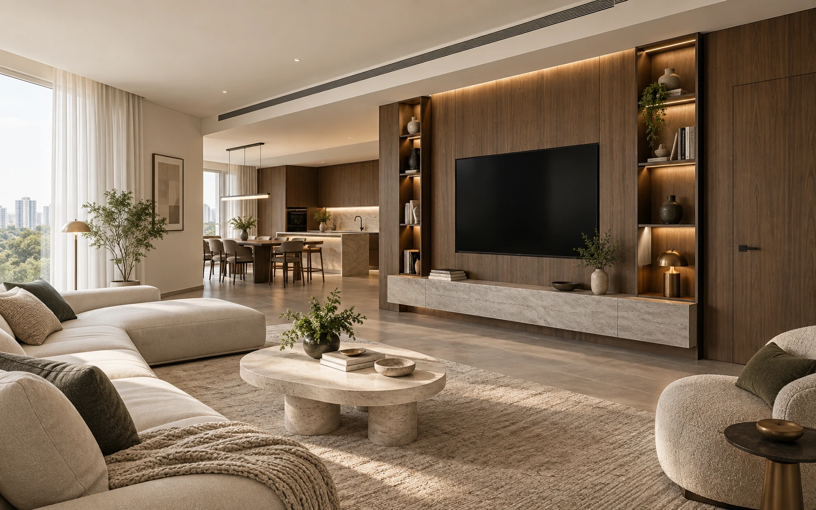Living room with integrated timber cabinetry and an open dining area