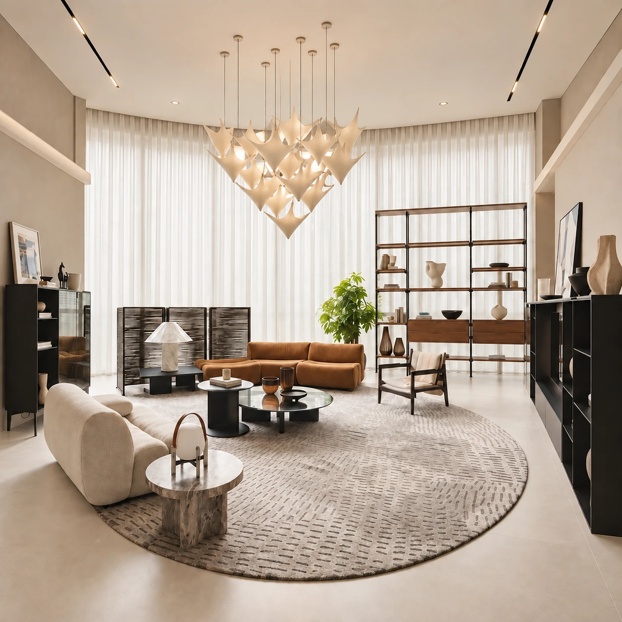 MODHOME showroom living room with integrated cabinets and shelving